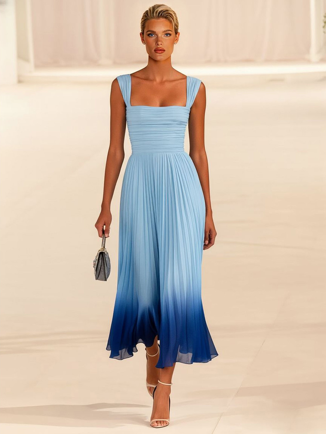 Elegant Gradient Pleated Square Neck A-Line Midi Dress