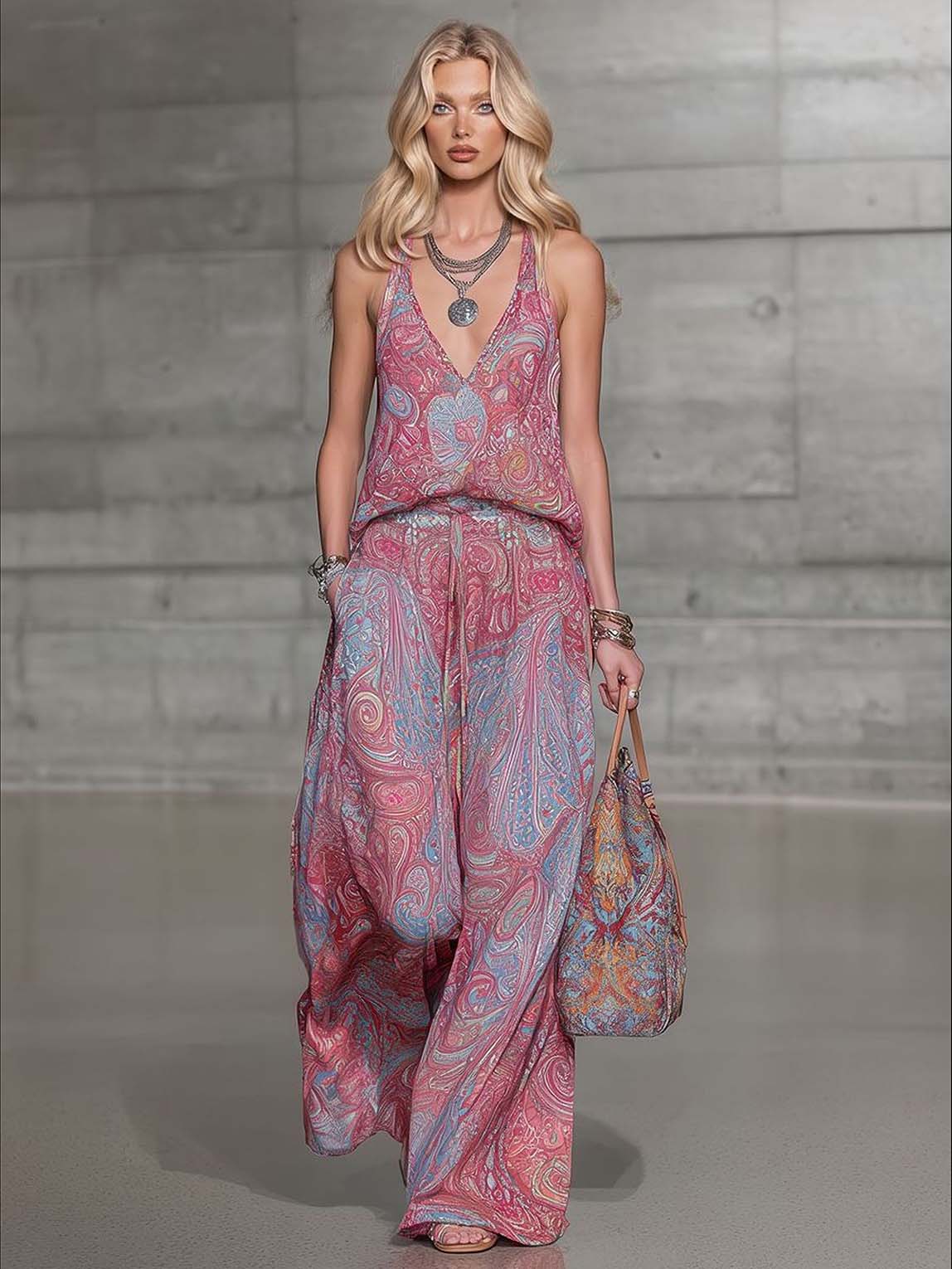 Bohemian Paisley Print Halter Top & Wide-Leg Pants Two-Piece Set
