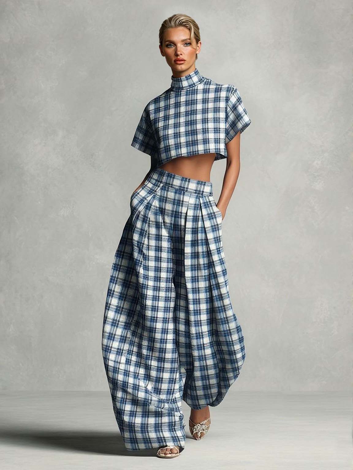 Retro Plaid Cropped Top & Shorts Two-Piece Set