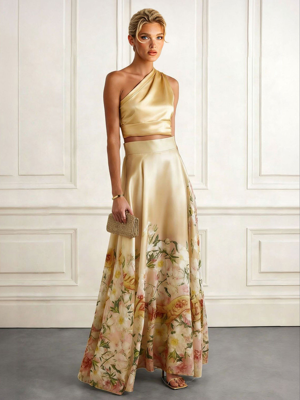 Elegant One-Shoulder Satin Crop Top & Floral Print Maxi Skirt Set