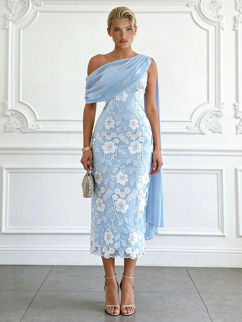 Elegant One-Shoulder Embroidered Lace Draped Midi Dress