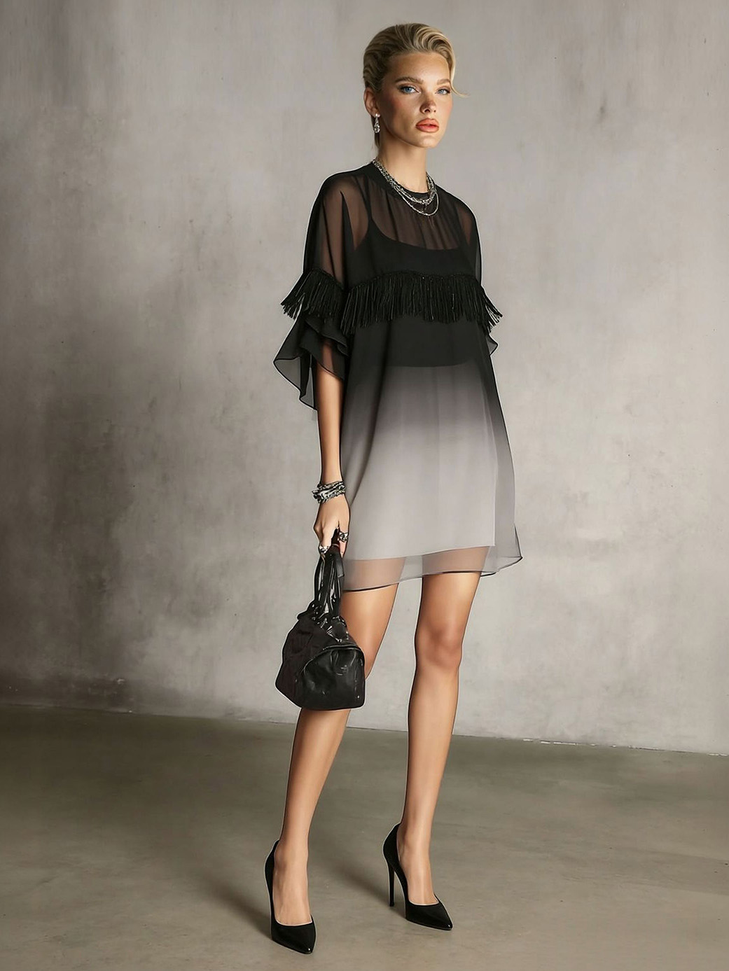 Exquisite Gradient Tassel Trim Chiffon Mini Dress