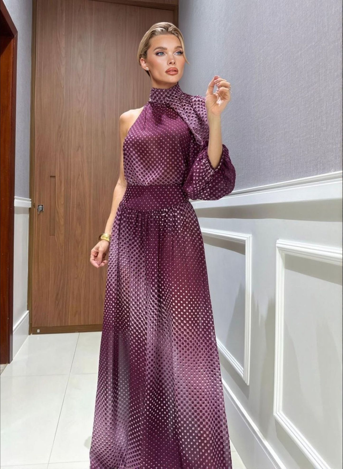 Elegant Gradient Polka Dot One-Shoulder Chiffon Two-Piece Set