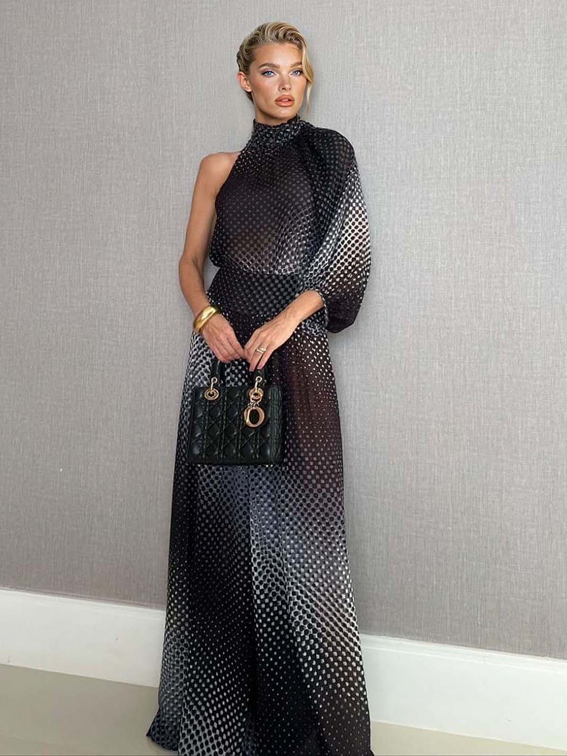 Elegant Gradient Polka Dot One-Shoulder Chiffon Two-Piece Set