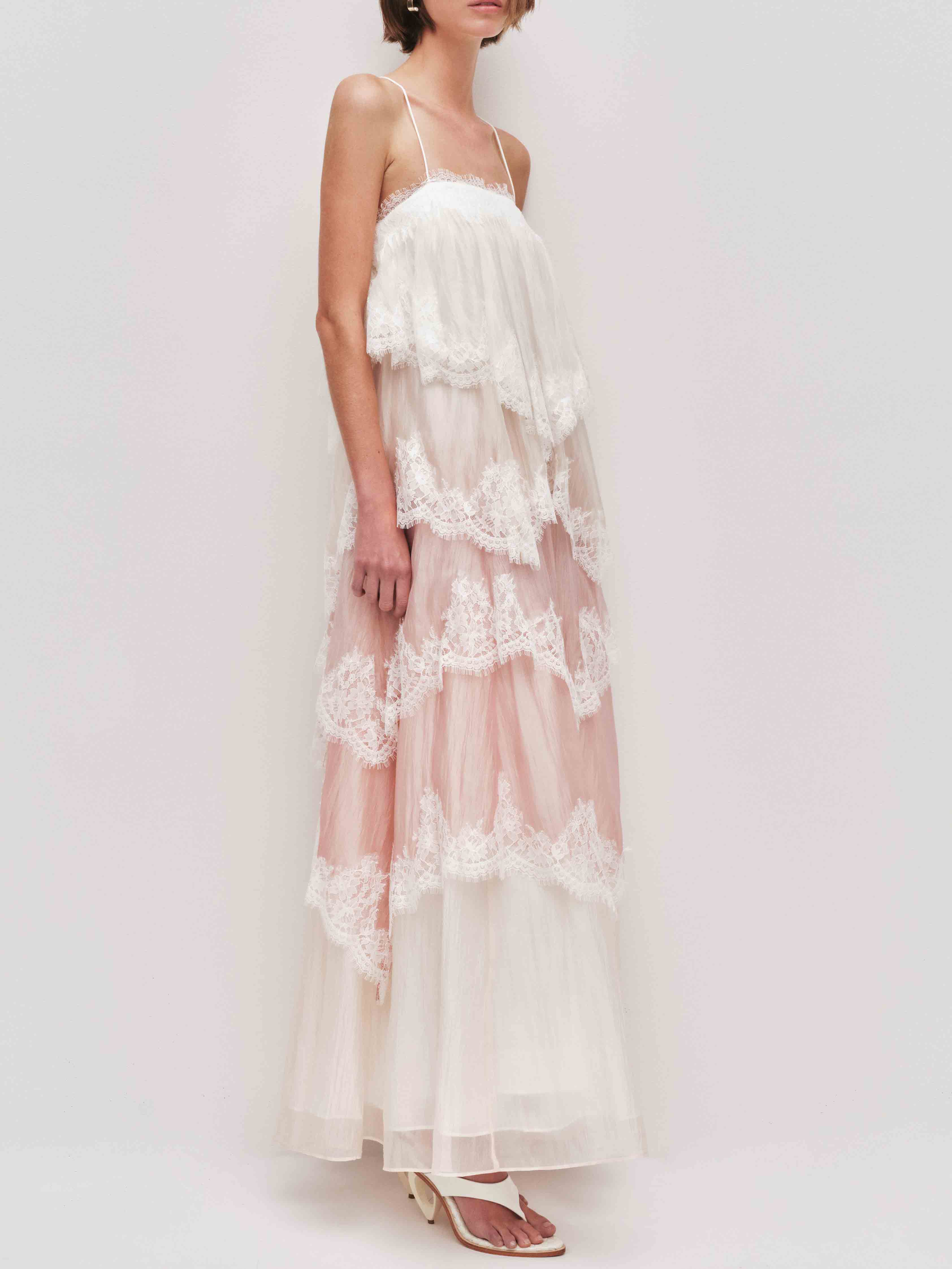 Ombre Tiered Lace Trim Spaghetti Strap Maxi Dress