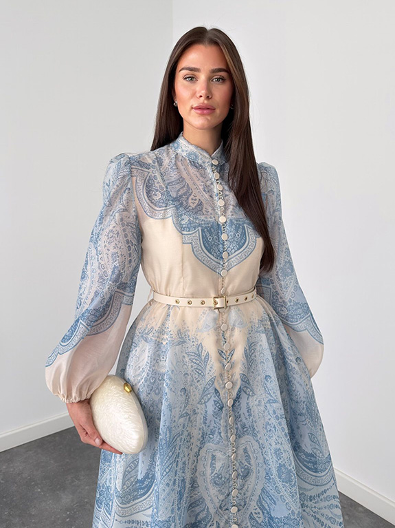 Exquisite Paisley Print Shirt A-Line Maxi Dress