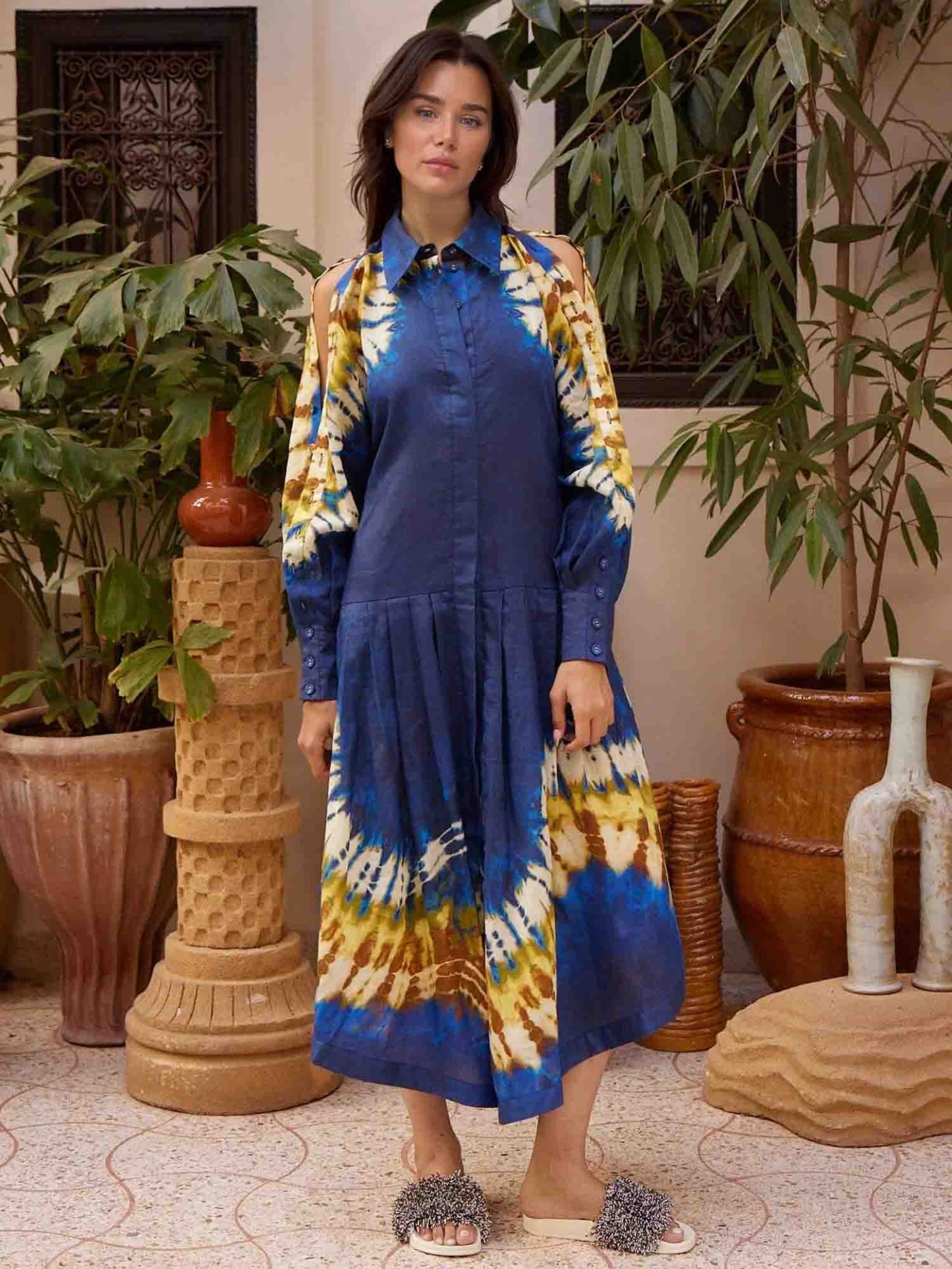 Casual Tie-dye Print Shirt Maxi Dress