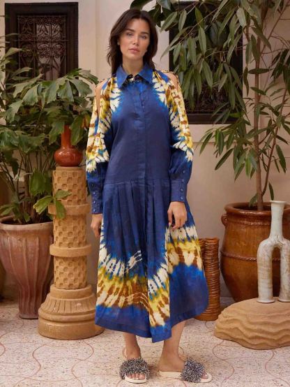 Casual Tie-dye Print Shirt Maxi Dress