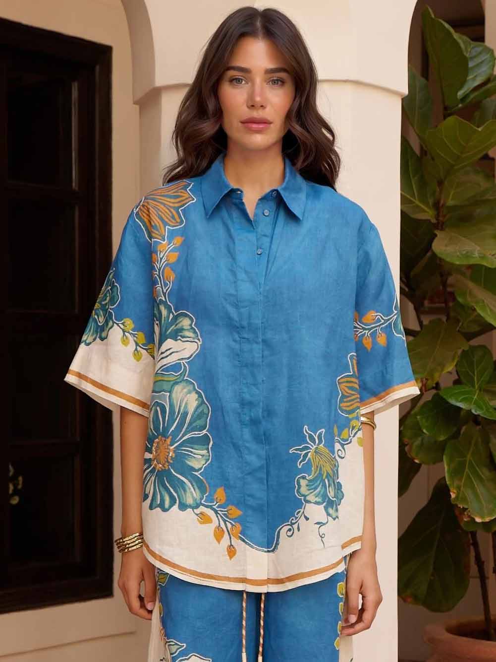 Casual Floral Print Short-sleeved Button-down Shirt