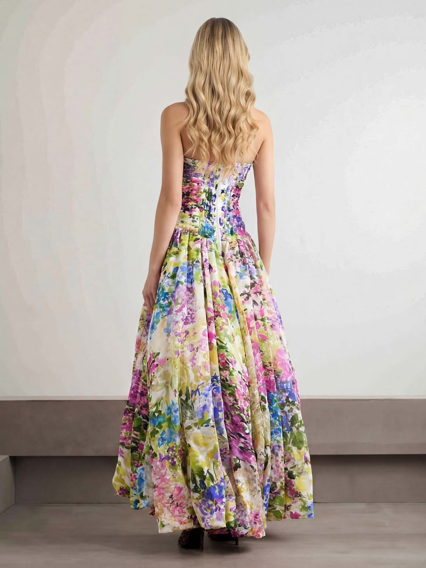 Elegant Strapless Floral Print High-Low Maxi Dress