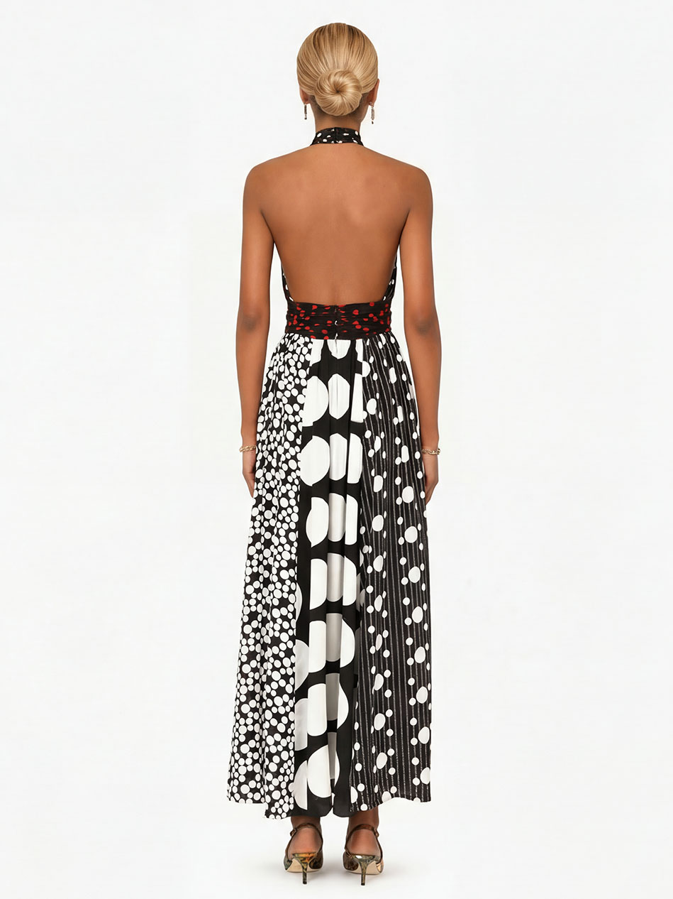 Retro Black & White Polka Dot Backless Maxi Dress
