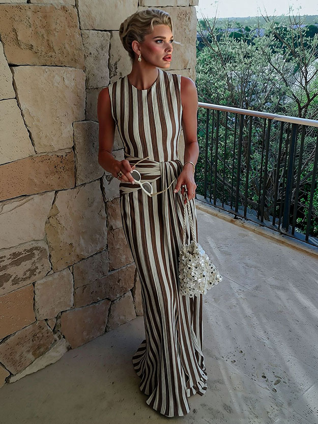 Elegant Striped Sleeveless Tie-Waist Maxi Dress