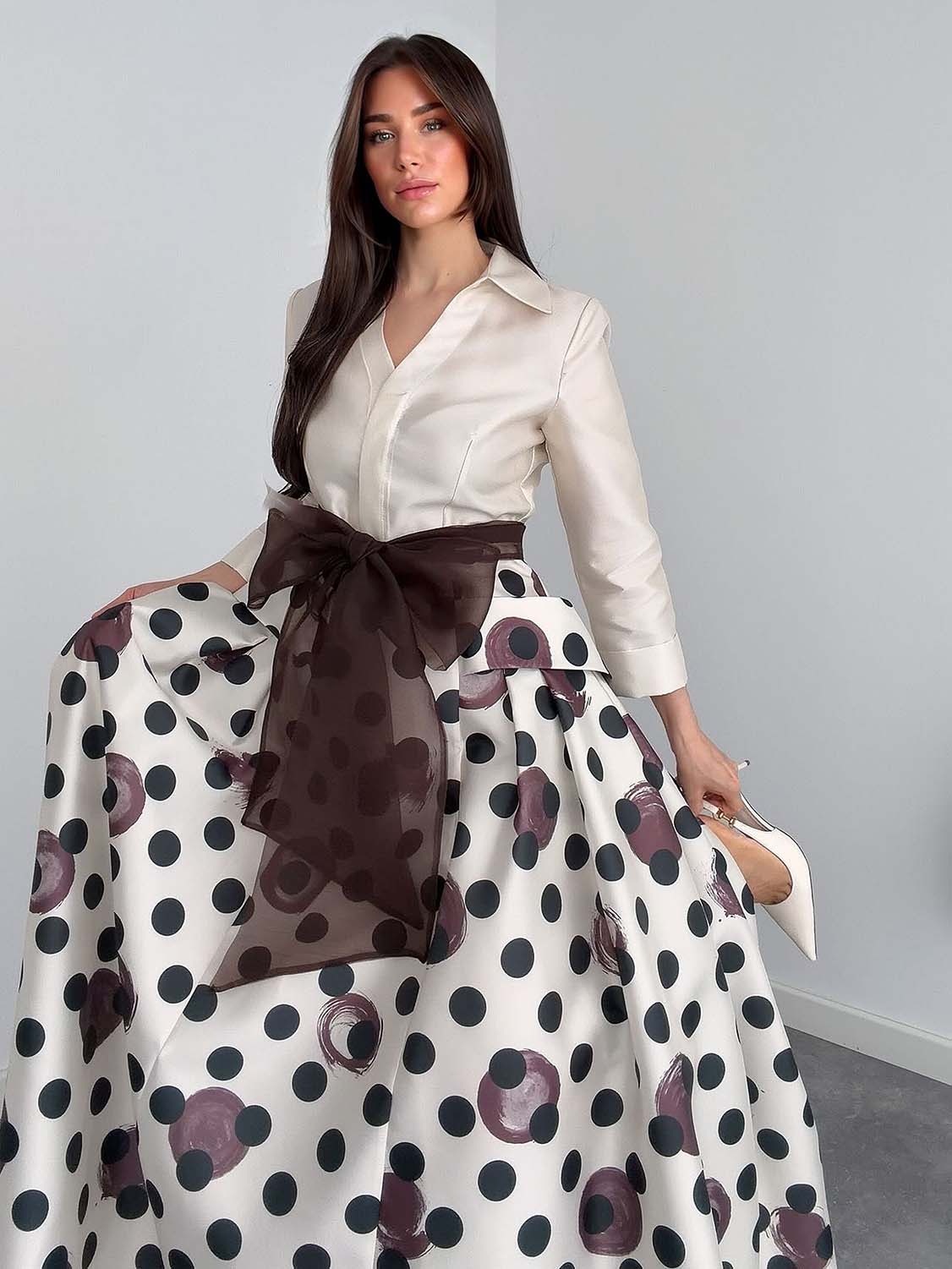 Elegant Polka Dot Print Tie-Waist Maxi Dress