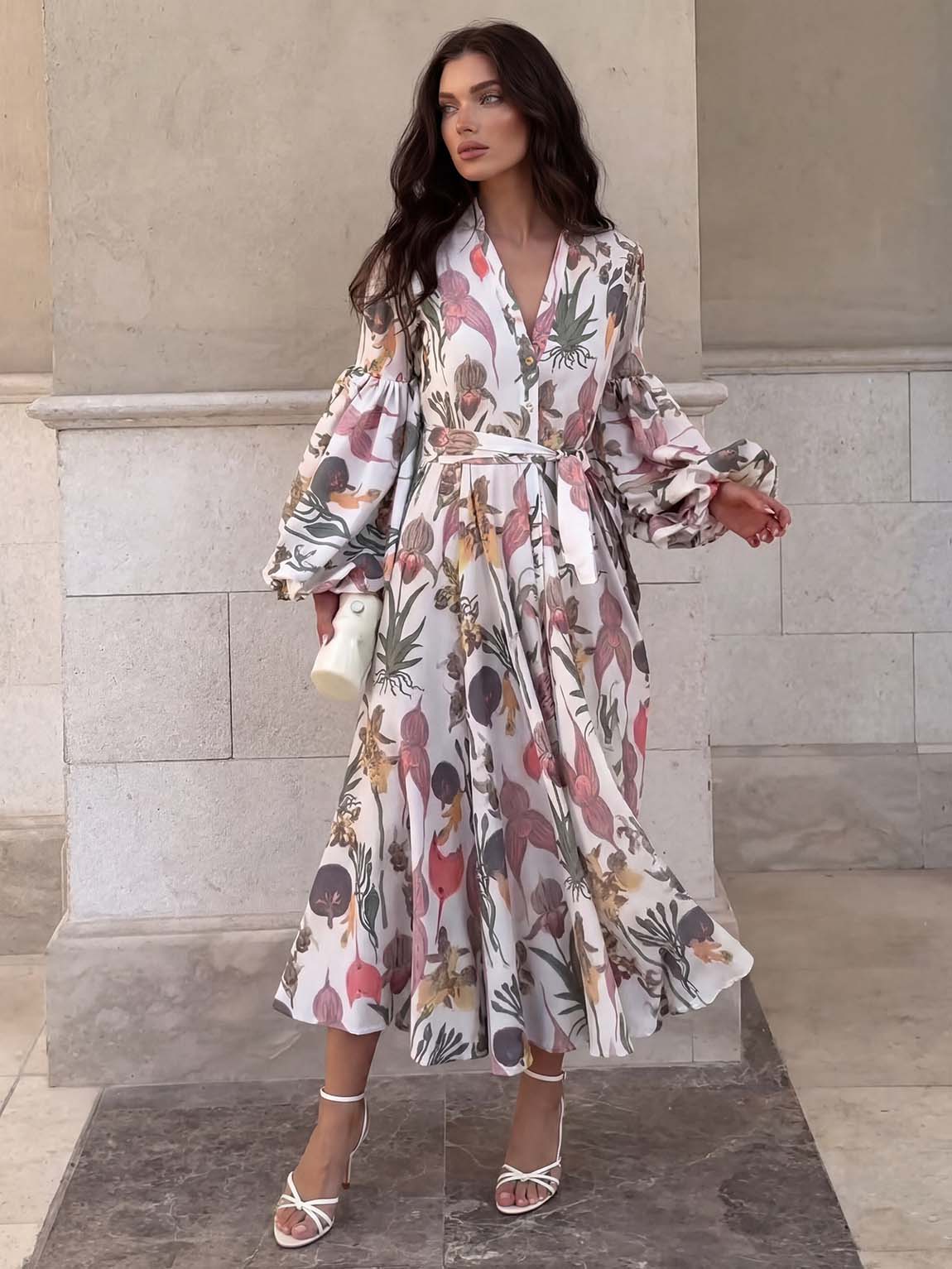 Elegant Botanical Floral Print Midi Dress