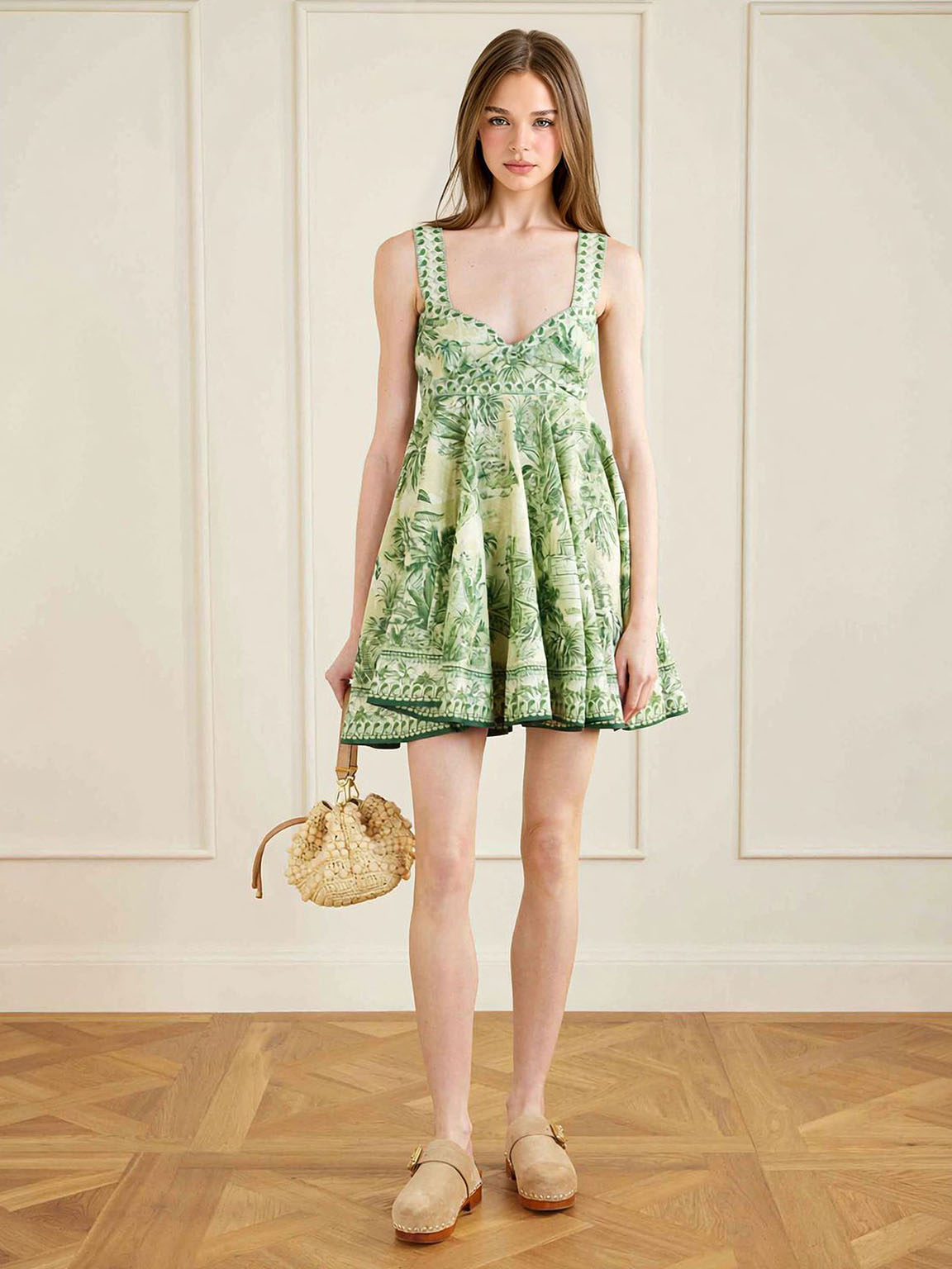 Bohemian Green Palm Print Flared Mini Dress