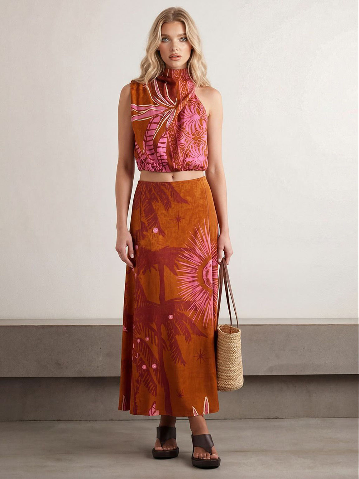 Retro Palm Tree Print Top & Skirt Two-Piece Set