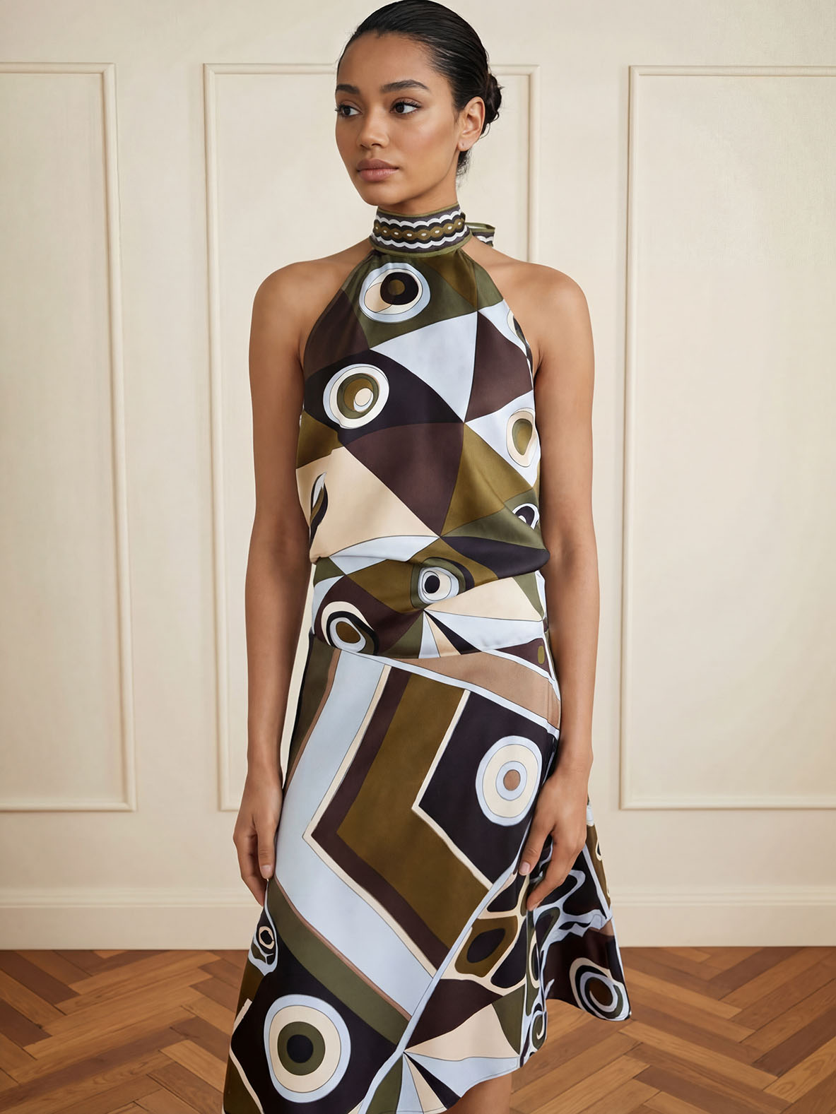 Retro Geometric Print Asymmetrical Skirt Two-Piece Set