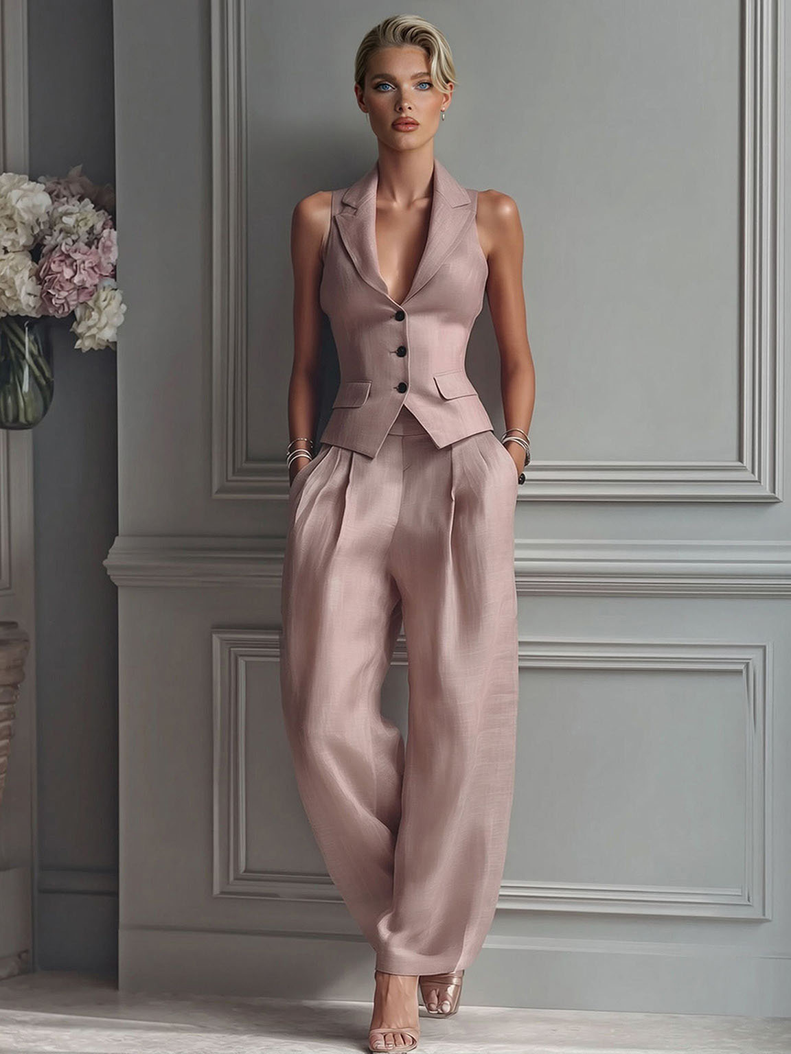 Minimalist Sleeveless Vest & Wide-Leg Pants Two-Piece Set