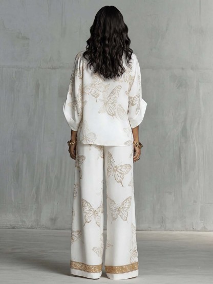 Elegant Butterfly Print Wide-Leg Pants