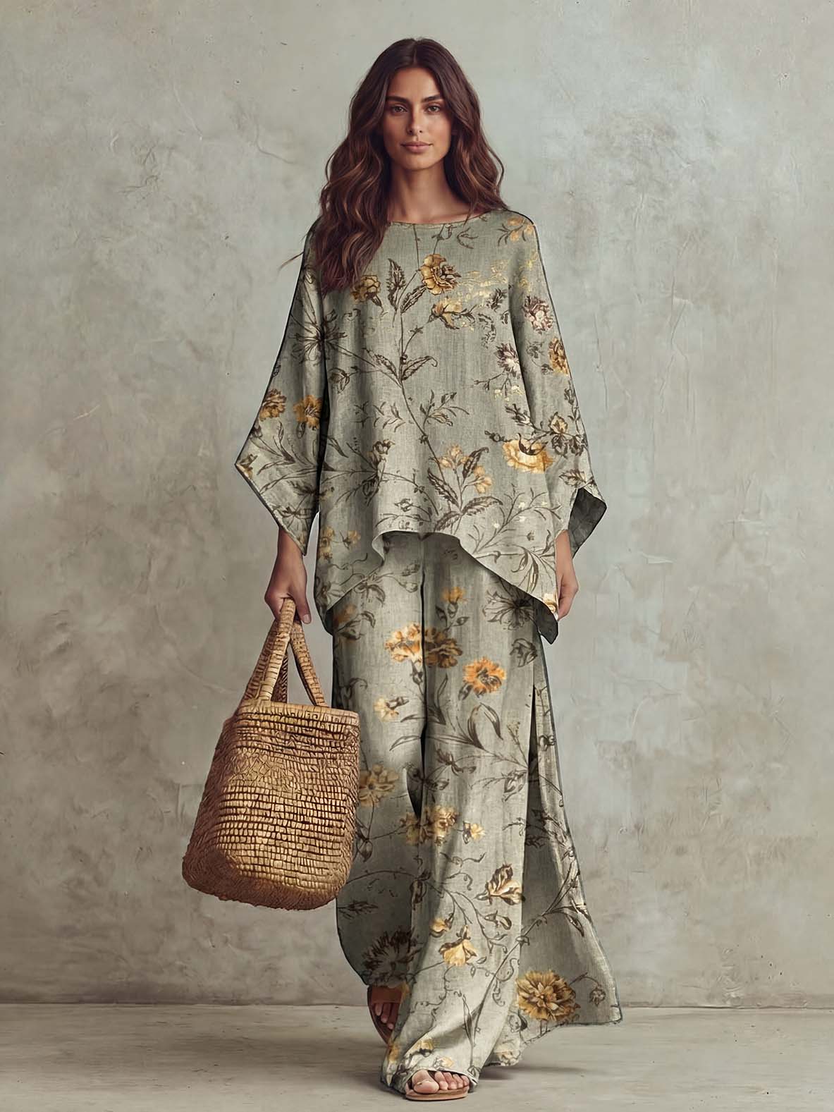 Retro Floral Print Loose Top & Wide-Leg Pants Two-Piece Set