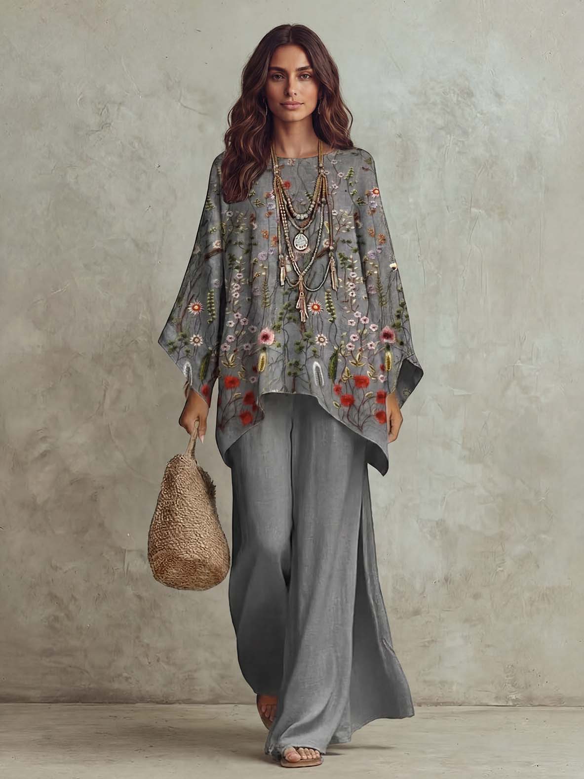 Retro Print Bohemian Batwing Sleeve Shirt & Pants Two-Piece Set