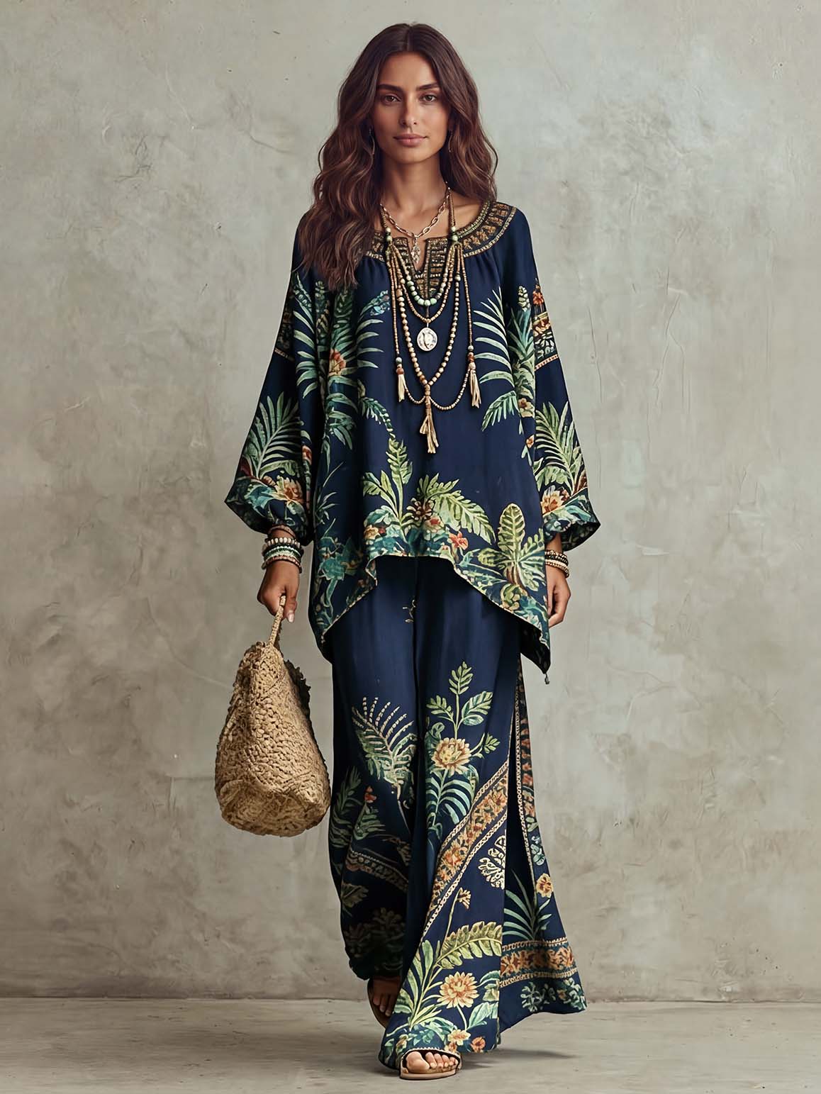 Casual Tropical Plant Print Batwing Sleeve Shirt & Pants Two-Piece Set