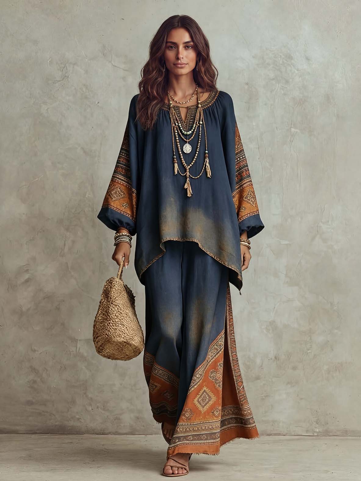 Retro Washed Ethnic Print Batwing Sleeve Two-Piece Set