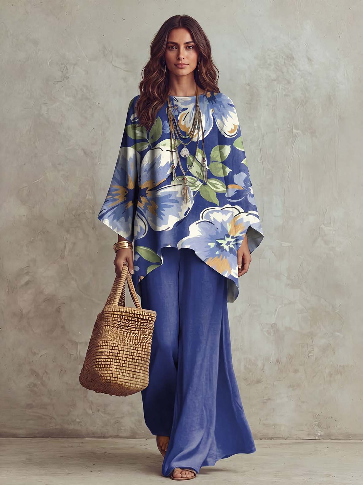 Casual Floral Print Batwing Sleeve Shirt & Pants Two-Piece Set