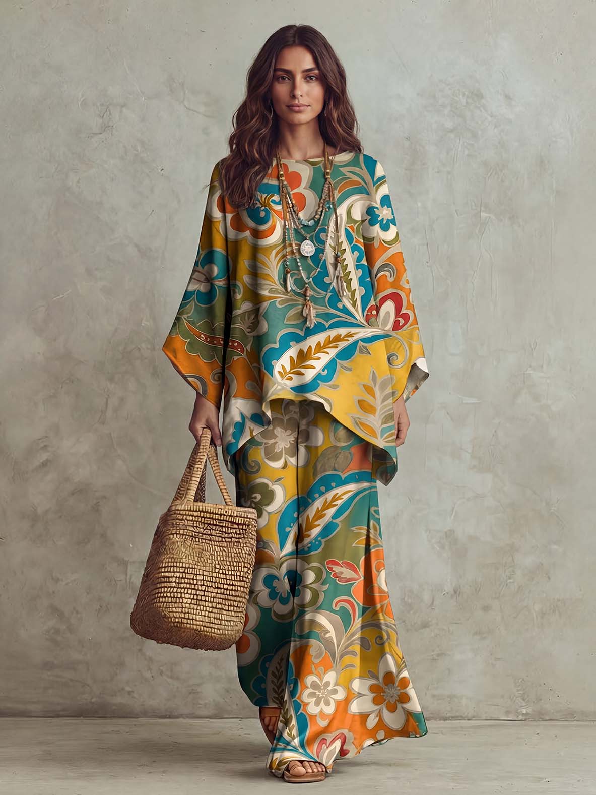 Retro Ethnic Style Paisley Print Flowing Batwing Sleeve Suit