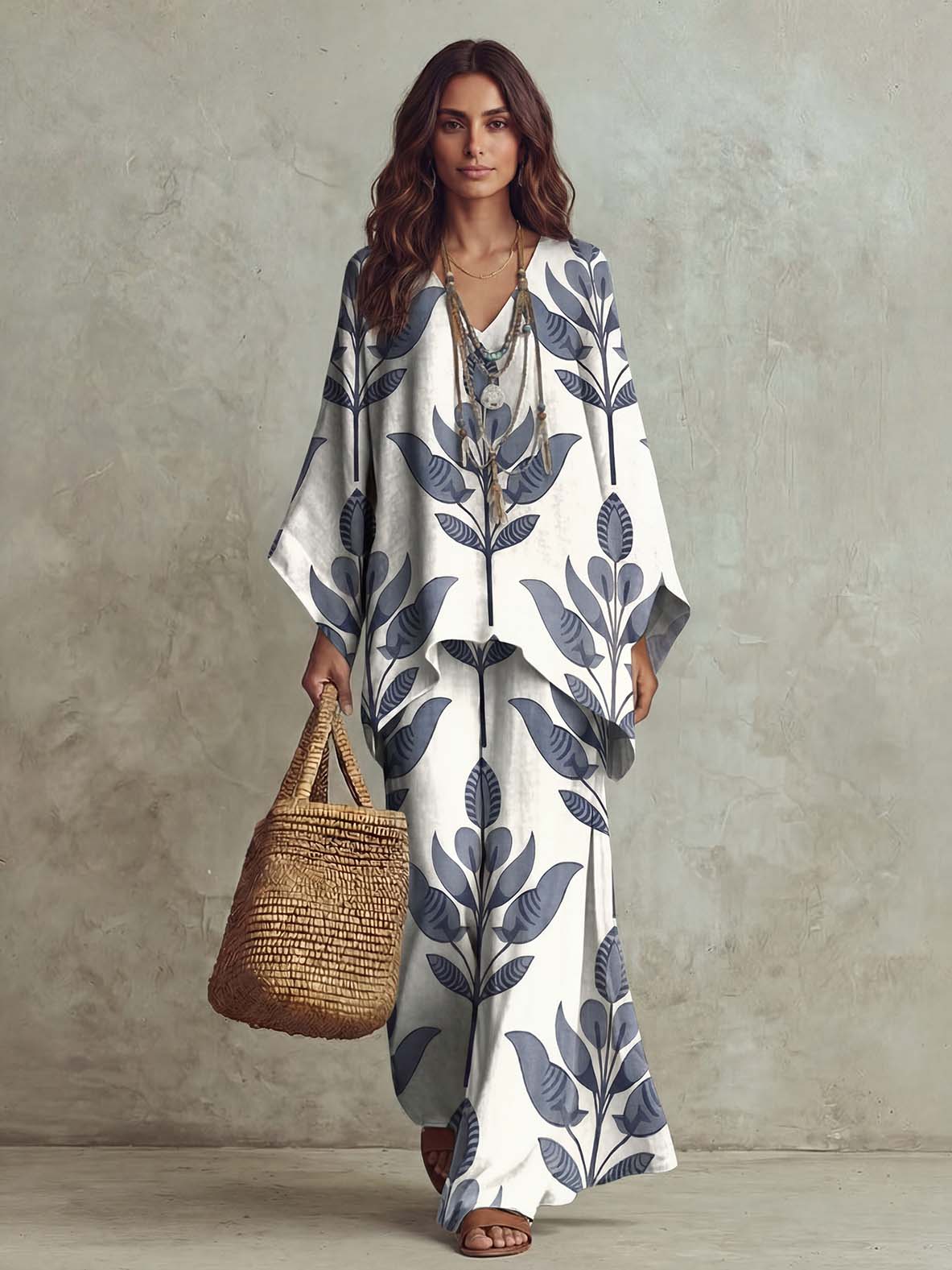 Casual Leaf Print Batwing Sleeve Loose Two-Piece Set