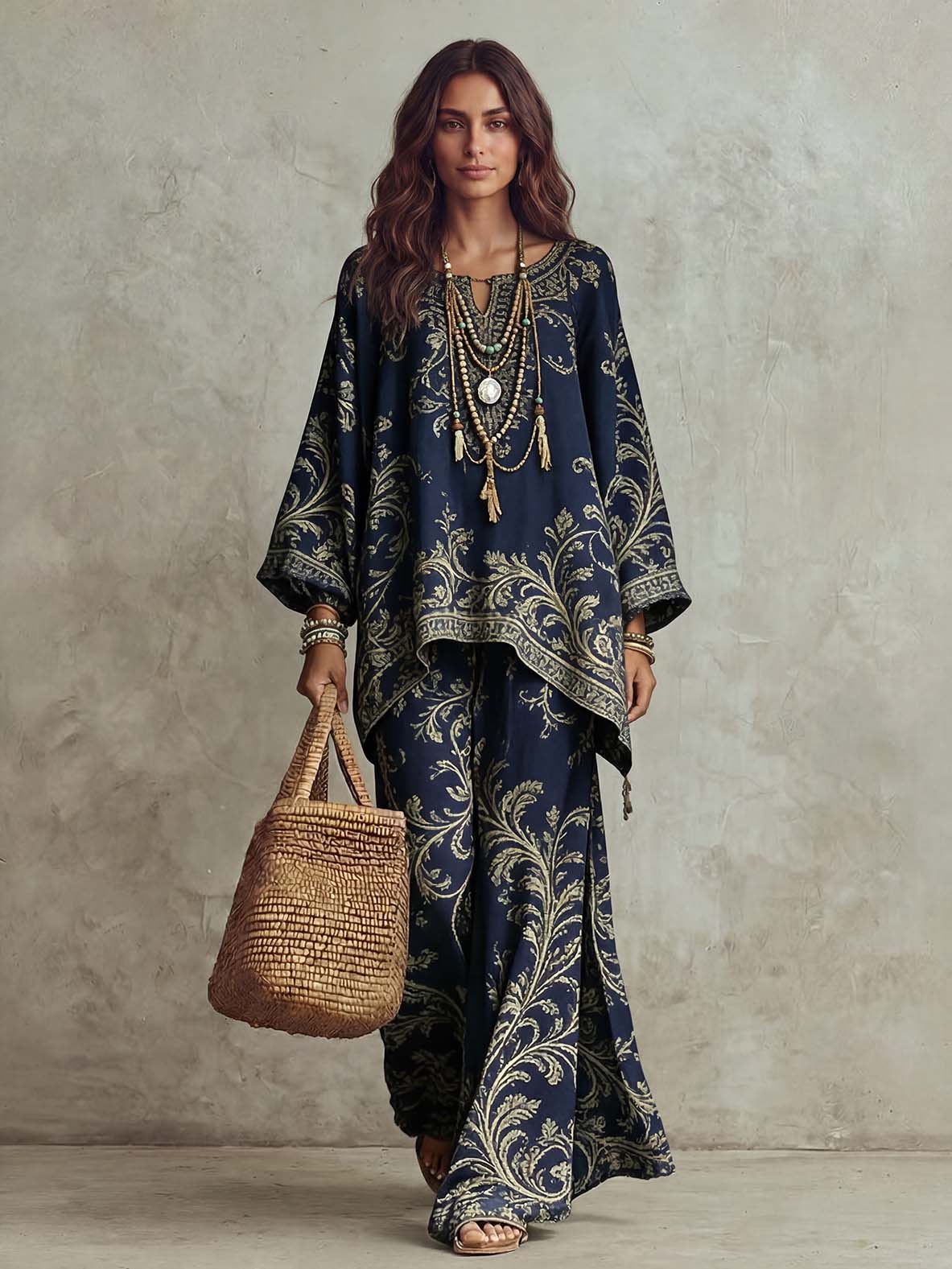 Casual Bohemian Leaf Print Batwing Sleeve Shirt Two-Piece Set