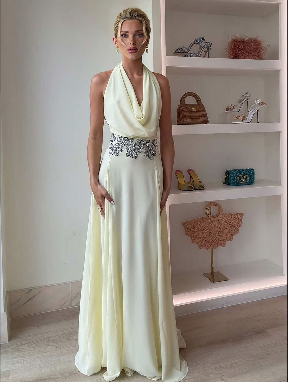 Elegant Draped Halter Embellished Maxi Dress