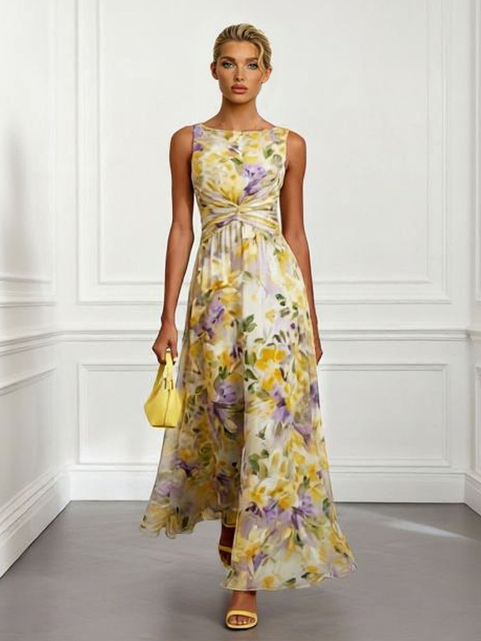 Elegant Sleeveless Twist Waist Floral Print Chiffon Maxi Dress