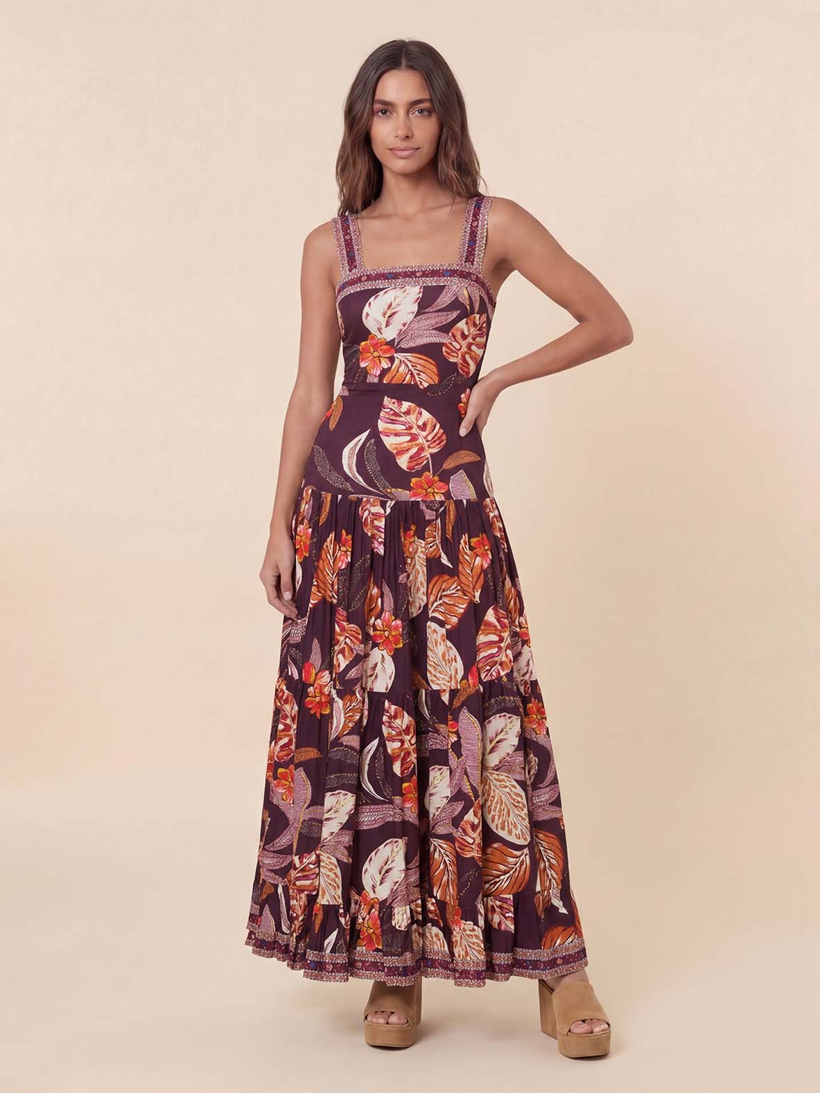 Square Neck Tropical Leaf Print Tiered Maxi Dress