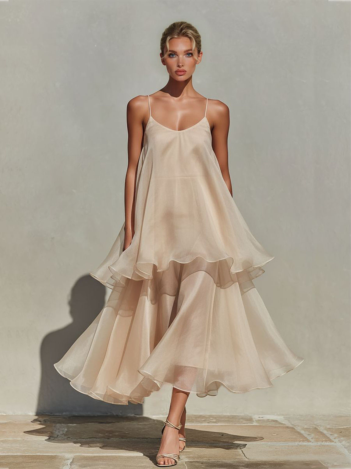 Elegant Spaghetti Strap Tiered Ruffle Flowy Maxi Dress