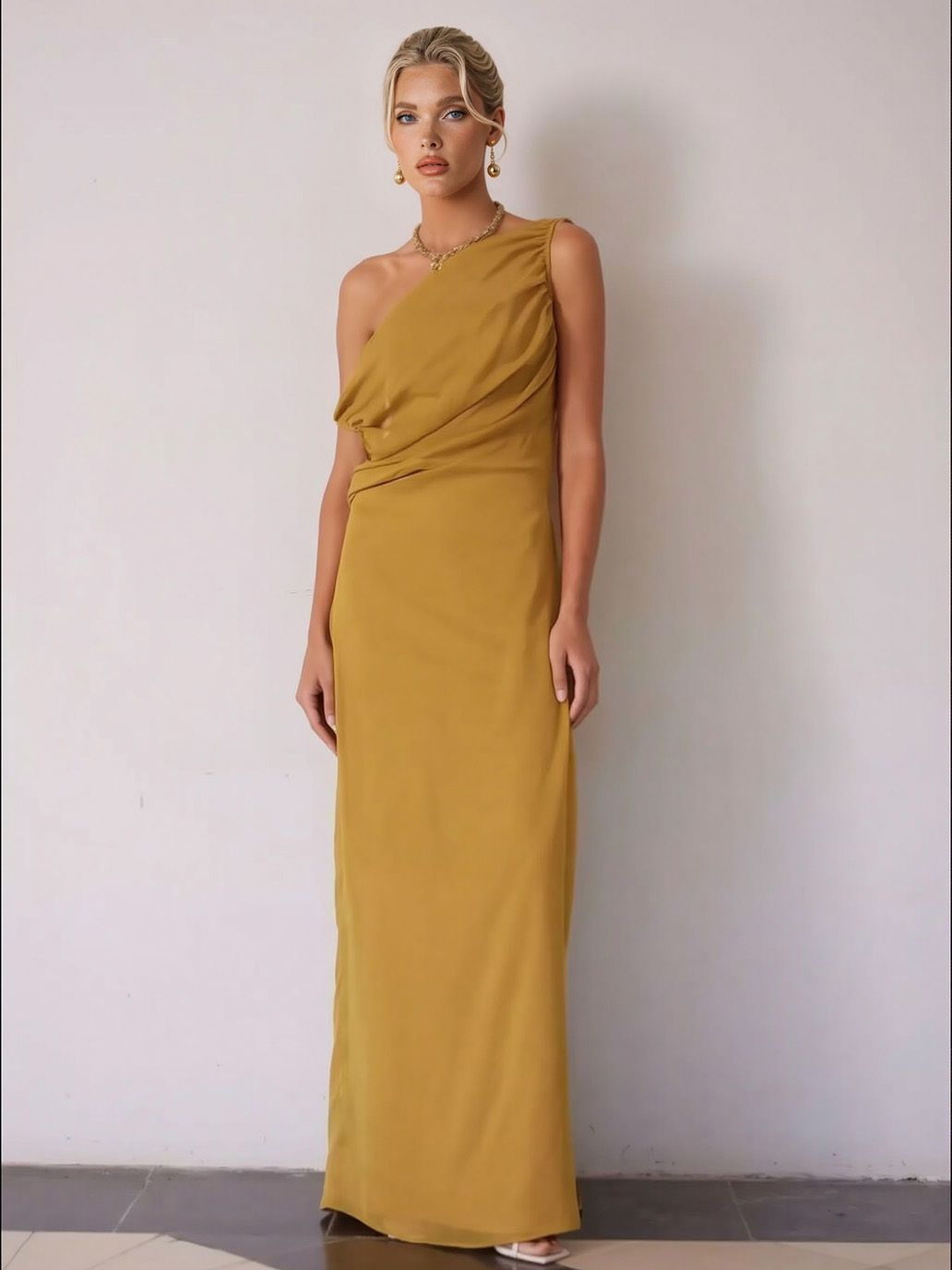 Elegant One-Shoulder Ruched Waist Flowy Maxi Dress