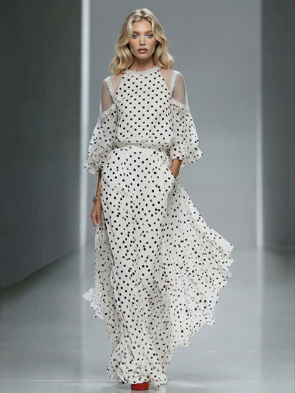 Elegant Polka Dot Sheer Sleeve Top & Maxi Skirt Two-Piece Set