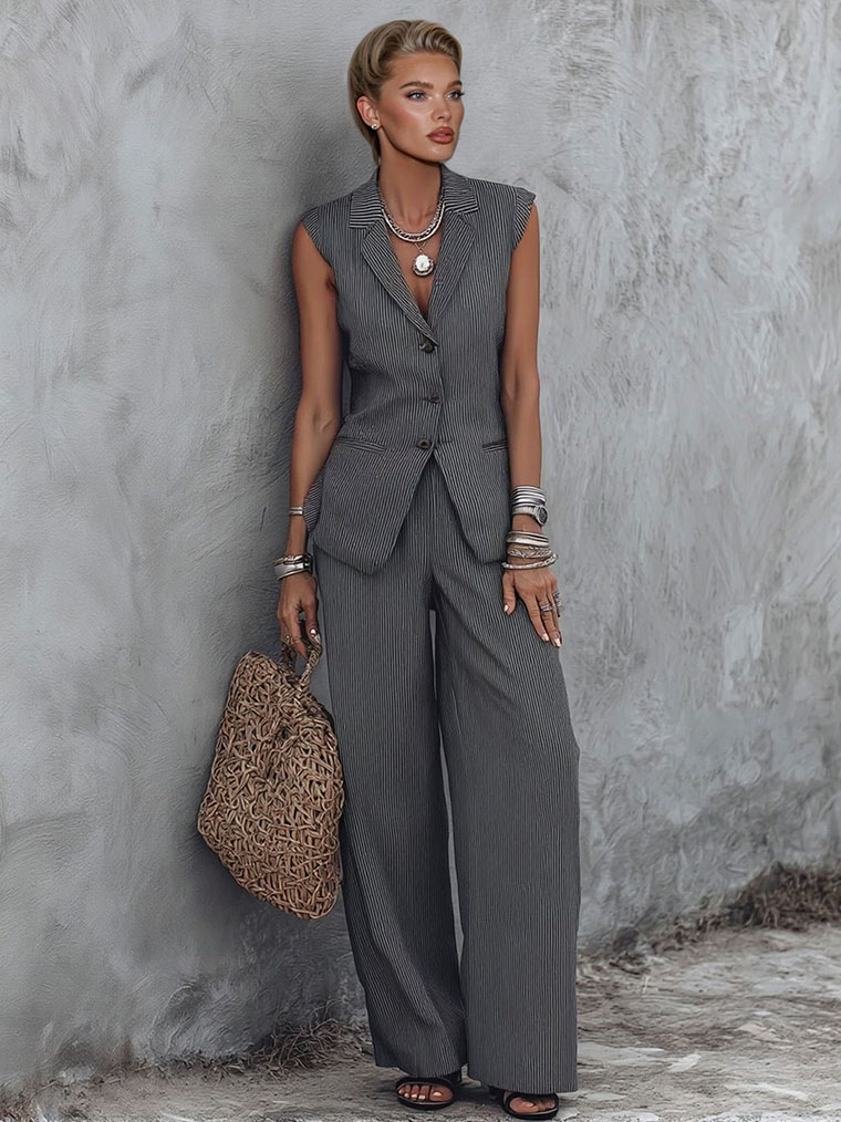 Minimalist Slim Fit Striped Vest Two-Piece Set
