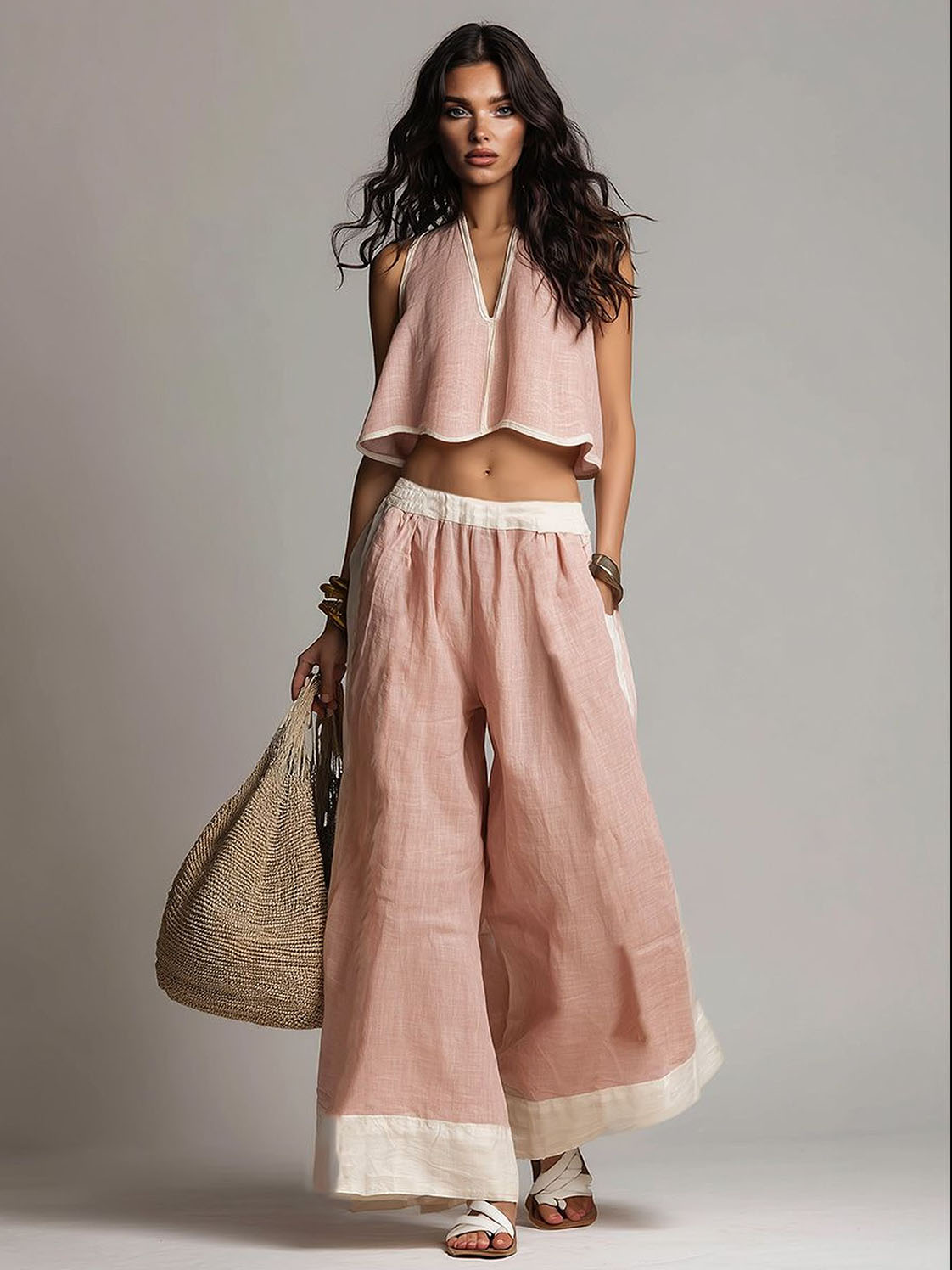 Casual Sleeveless Crop Top & Wide-Leg Pants Two-Piece Set
