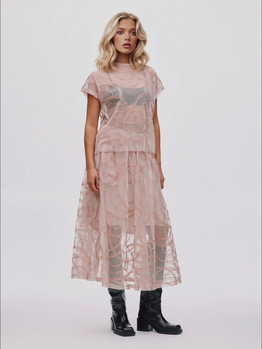 Elegant Jacquard Tulle Skirt Two-Piece Set