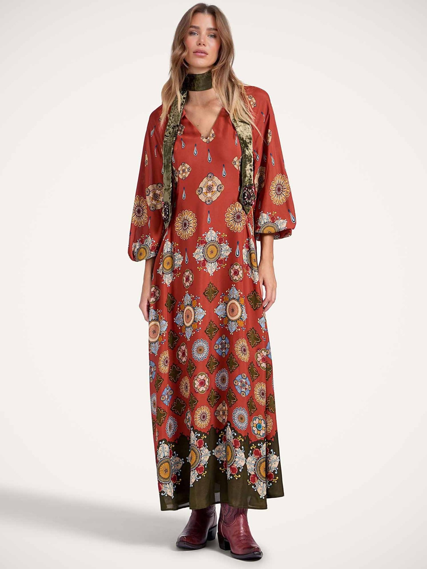 Elegant Satin Printed Shirt Collar Long Sleeve Maxi Dress