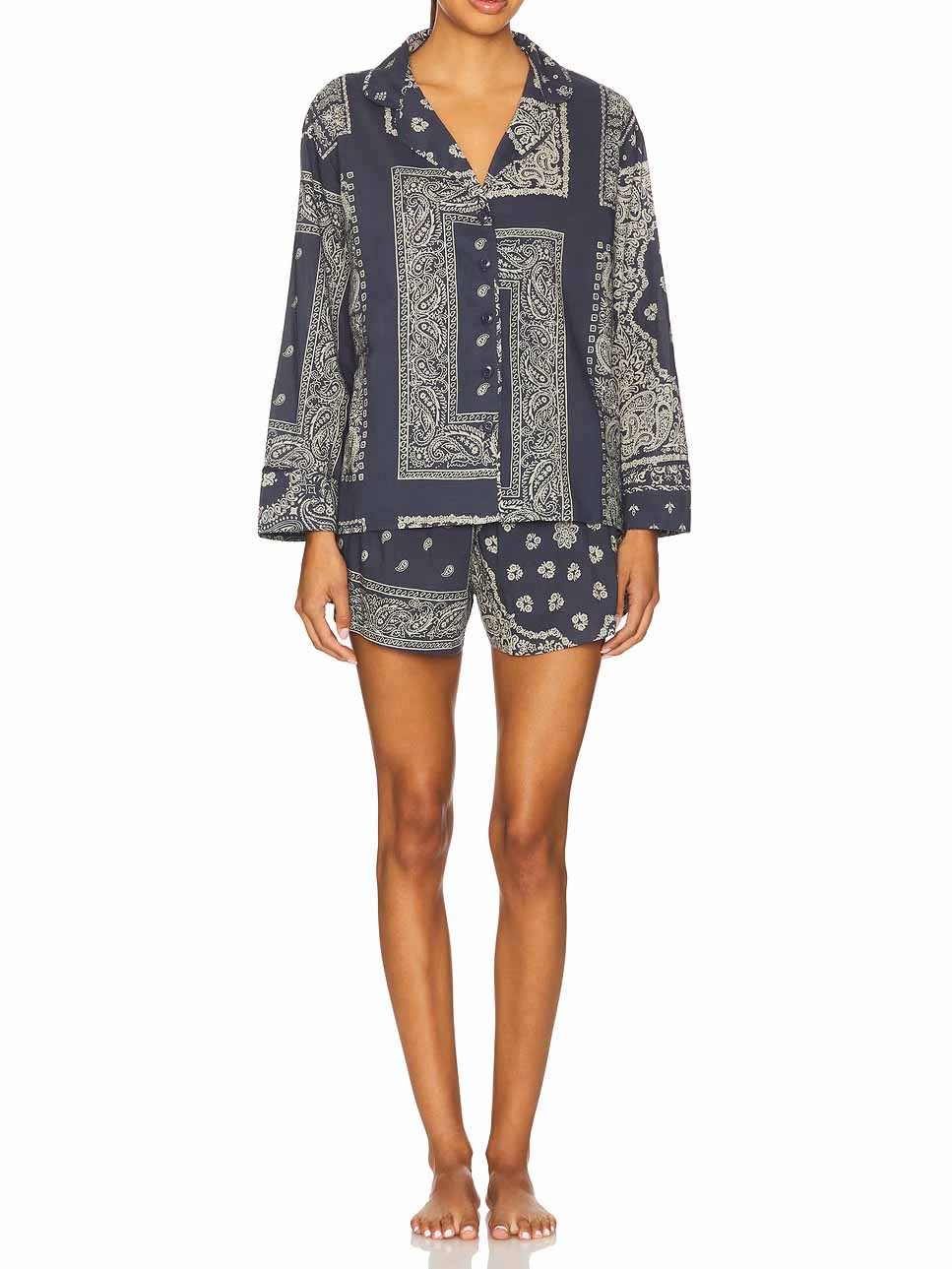 Retro Paisley Print Shorts And Long-Sleeved Shirt Two-Piece Set
