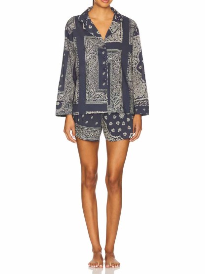 Retro Paisley Print Shorts And Long-Sleeved Shirt Two-Piece Set