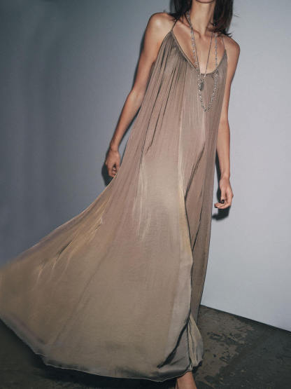 Elegant Pleated V-Neck Halter Maxi Dress