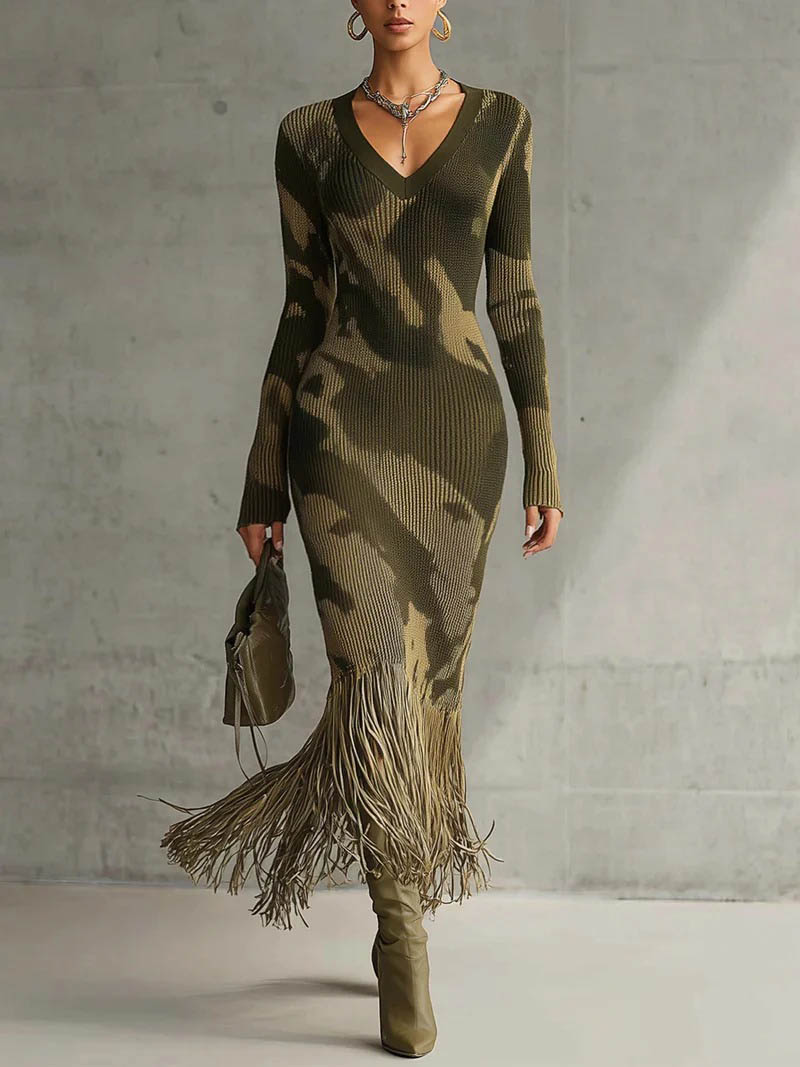 Elegant Camouflage Knit V-neck Fringed Hem Maxi Dress