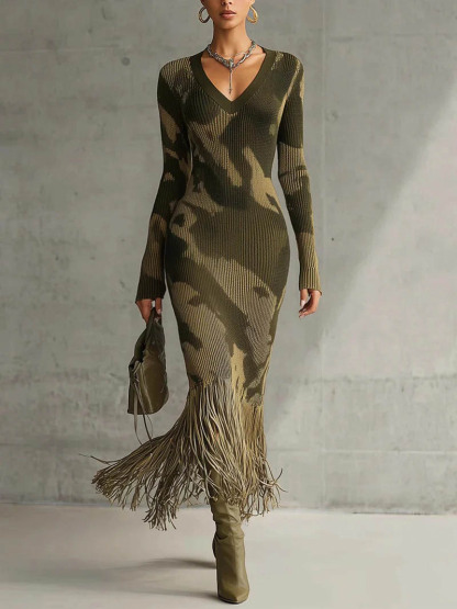 Elegant Camouflage Knit V-neck Fringed Hem Maxi Dress