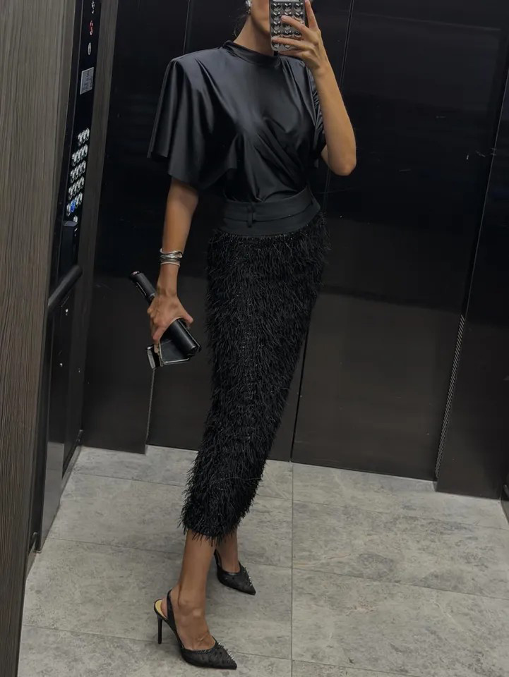 Elegant Satin Top & Sequin Feather Midi Skirt Two-Piece Set