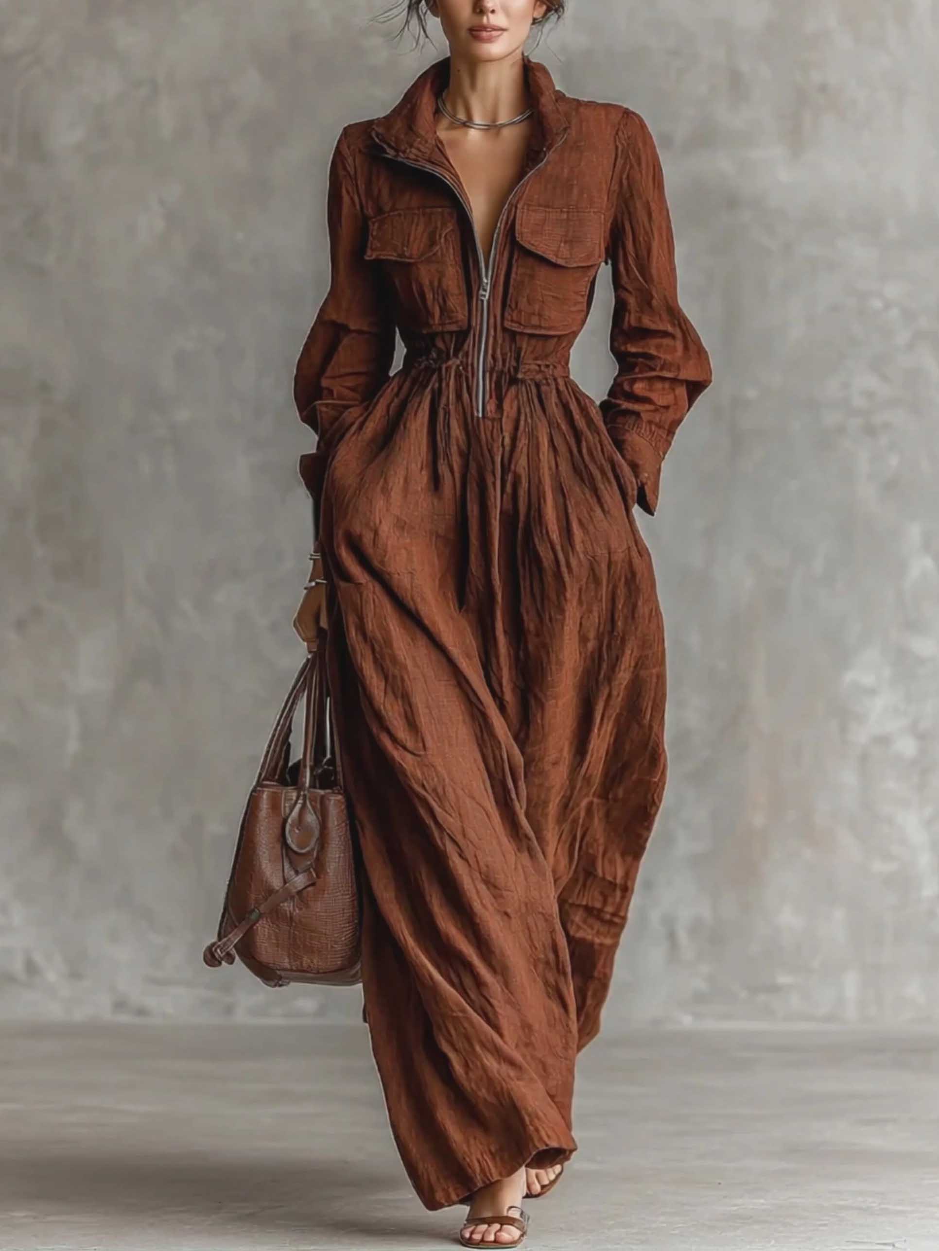 Casual Zip-up Collar Elastic Waist Maxi Dress