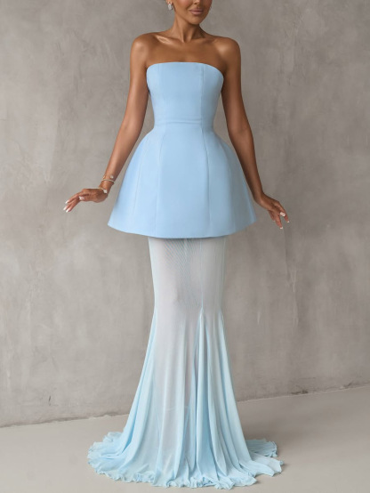 Elegant Off-the-shoulder Top And Mesh Sheer Fishtail Skirt Two-piece Set