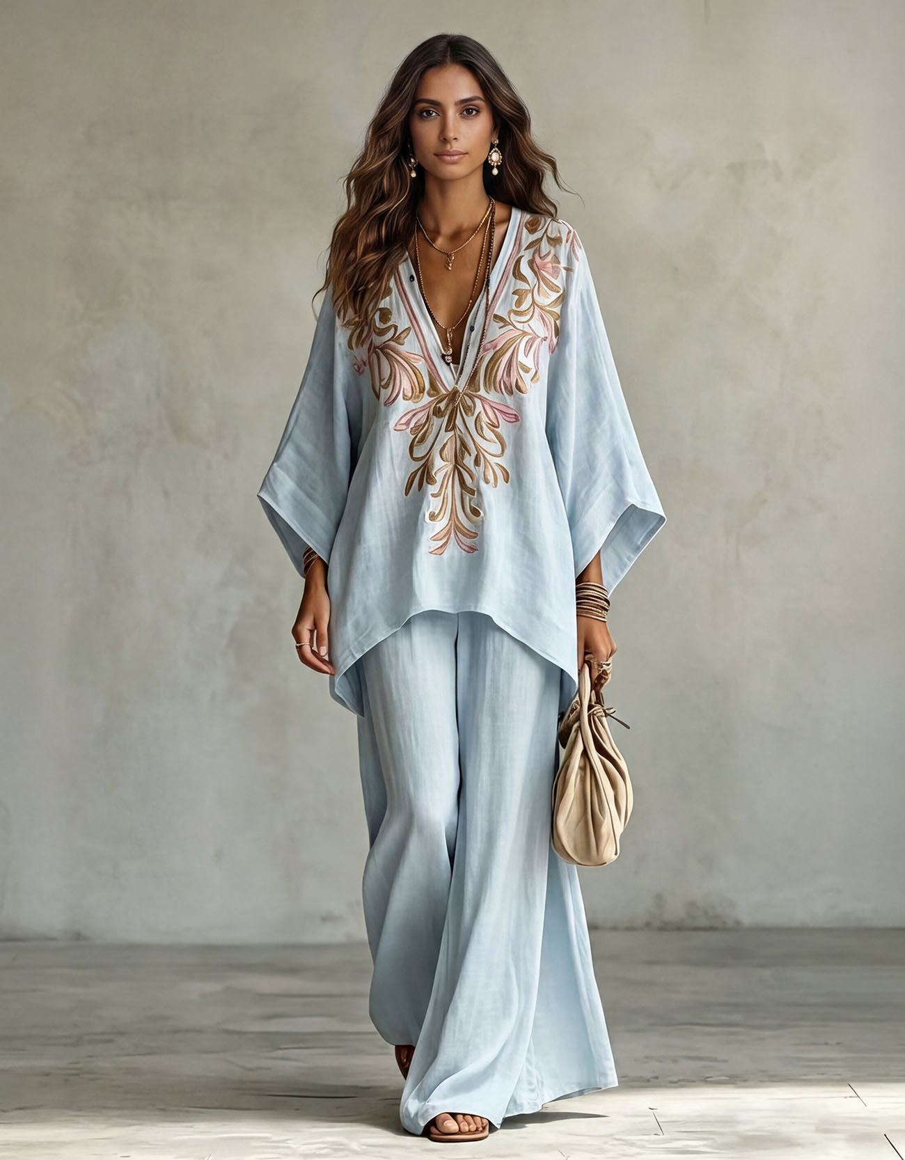 Casual Embroidered V-Neck Batwing Sleeve Shirt Two-Piece Set